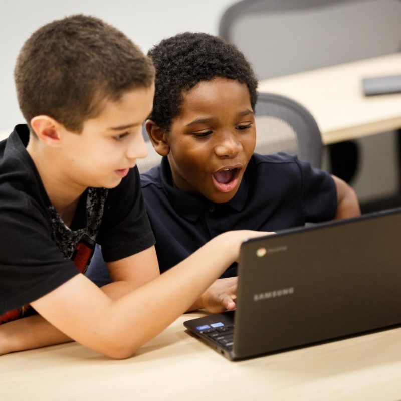 Two male students on one computer at a desk engaged with their activity